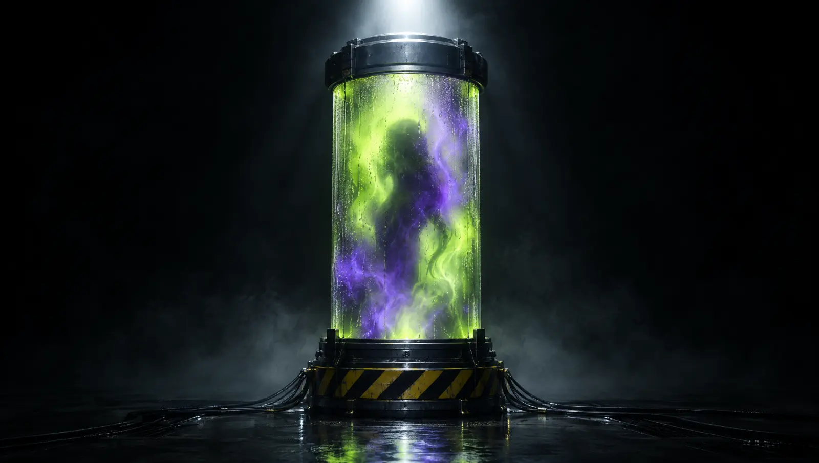 A sealed glass capsule glows lime and violet in a dark lab. Something unknown moves inside.